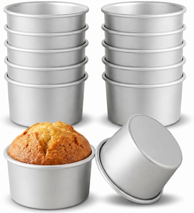Rund 12-delig Set (Ø bovenzijde 9,7 cm/onderkant 7,5 cm, hoogte 5 cm) – Mini Cakevorm van Geëxtrudeerd Aluminium, Antiaanbaklaag, voor Oven & Airfryer, Zilver