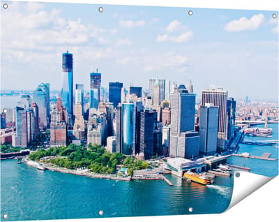 Gards Tuinposter New York Als een Eiland vanuit de Lucht - 120x80 cm - Tuindoek - Tuindecoratie - Wanddecoratie buiten - Tuinschilderij