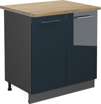 Vicco Keukenonderkast Fame-Line, Donkerblauw hoogglans/Antraciet, 80 cm goudkleurig eiken werkblad