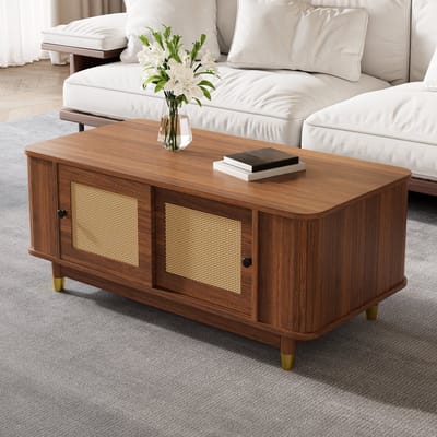 Salontafel Met Rotan Schuifdeuren - 100x50x42 Cm Walnoot, Opbergruimte, Afgeronde Hoeken - Modern Design Voor Woonkamer