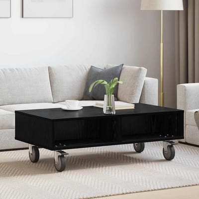 vidaXL - Bijzettafel - met - wielen - Zwart - Eiken - 90 - x - 50 - x - 30 - cm - Bewerkt - hout