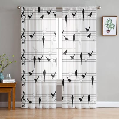 Vogel Notenlijnen Transparant Gordijn Voor Woonkamer Modern Voile Tule Raamgordijnen Voor Slaapkamer Keuken Gordijnen 135W x 114H(cm) white