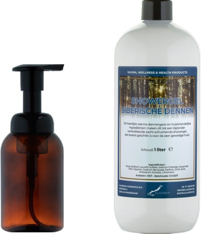 Zeepdispenser 300 ml amber bruin hervulbaar + 1 liter Showergel Siberische Dennen navulling