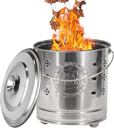 Roestvrijstalen Emmer - Vuurton Deksel - Afval Verwerken - Efficiënt Verbrandingssysteem - 28 x 28.9 x 28 cm - Zilver