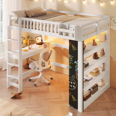 Hoogslaper 140x200 cm - met schoolbord - bureau - boekenplank - opbergvakjes en LED-verlichting - zonder matras - wit