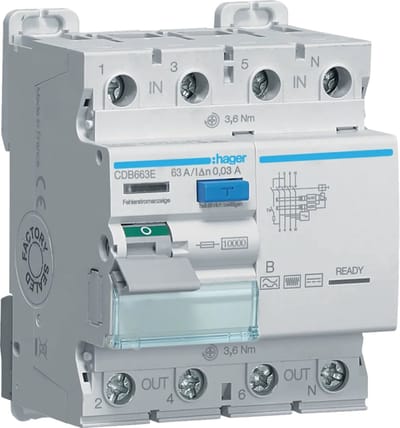 Hager CDB663E CDB663E Aardlekschakelaar Aardlekschakelaar voor AC/DC B 63 A 0.03 A 230 V, 400 V