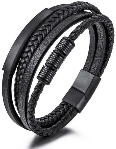Armband Heren - Zwart Leer met Zwarte Accenten - Dubbel Gevlochten Leder - Leren Armbanden - Papa Cadeau Voor Mannen - Vaderdag