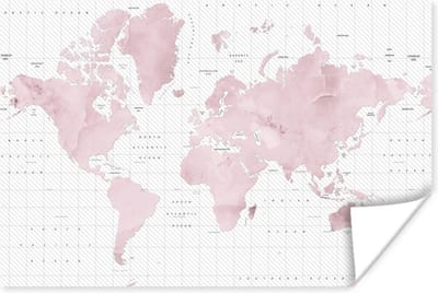 Poster 30x20 cm - Wereldkaart - Roze - Marmer - Posters - Kamer decoratie - Wanddecoratie woonkamer - Muurdecoratie slaapkamer