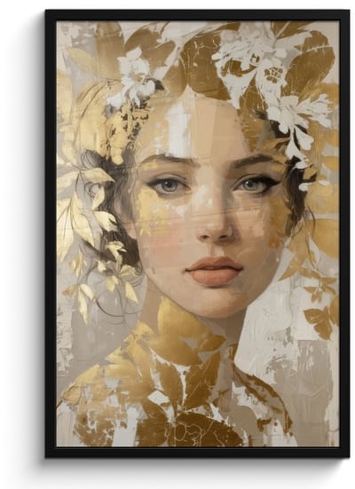 Poster in lijst - Fotolijst 60x90 cm - Posters - Gezicht - Vrouw - Bladeren - Goud - Posterlijst zwart - Decoratie - Wanddecoratie woonkamer - Muurdecoratie slaapkamer