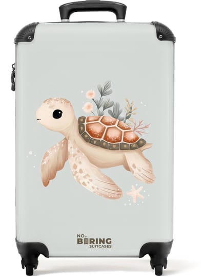 NoBoringSuitcases.com® - Kinderkoffer - Kindertrolley jongen en meisje - Bruine zeeschildpad in pastel onderwaterwereld - Handbagage koffer lichtgewicht - Reiskoffer trolley kinderen - Rolkoffer met wieltjes - Past binnen 55x40x20 en 55x35x25