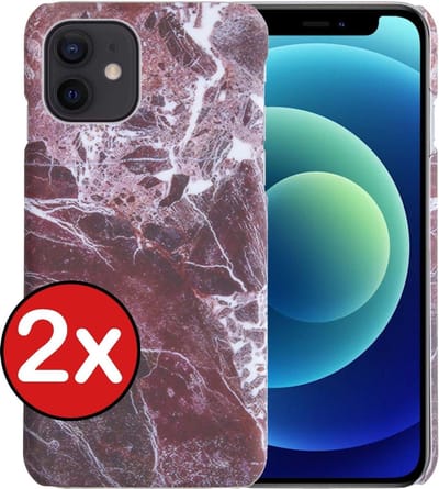 Hoesje Geschikt voor iPhone 12 Mini Hoesje Marmer Hardcover Fashion Case Hoes - Hoes Geschikt voor iPhone 12 Mini Marmer Hoesje Hardcase Back Cover - Rood - 2 PACK