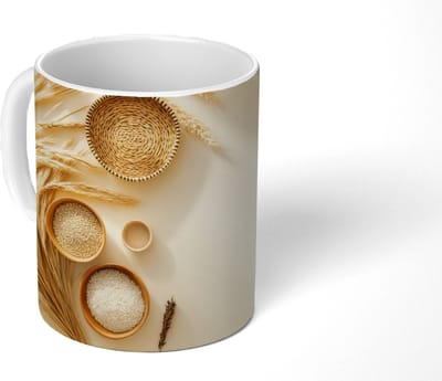 Mok - Koffiemok - Granen - Hout - Kom - Beige - Mokken - 350 ML - Beker - Koffiemokken - Theemok