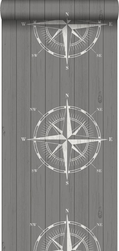 ESTAhome behang kompasroos op sloophout wit en grijs - 53 cm x 10.05 m - 138976
