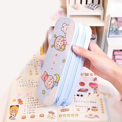 Trousse à crayons double couche grande capacité style simple imperméable anti-poussière toile porte-stylo sac pour étudiantes Blue Cloud Boy and Girl
