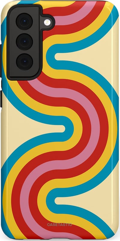 Casetastic hoesje geschikt voor Samsung Galaxy S21 FE 5G - Dubbellaagse bescherming - Retro kronkels - Fashion Case - Crème Lichtblauw Goud Rood