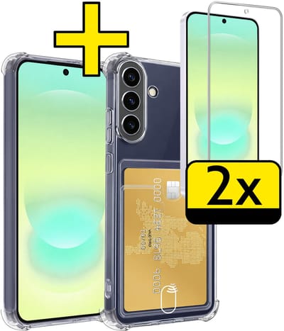 Hoesje - Geschikt voor Samsung Galaxy A37 - Met 2x Screenprotector - Pashouder - Kaarthouder - Telefoon Hoes Shockproof - Siliconen Case - Back Cover - Shock Proof - Pasjes Houder - Telefoonhoesjes - Transparant