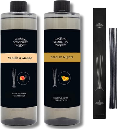 Navulling Vanille Mango + arabian nights + Geurstokjes - Geurstokjes Navulling Set van 2 + 5 Geurstokjes - Geurverspreider - Luchtverfrisser - Huisparfum - 400ml x 2
