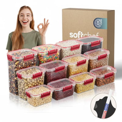 Soft Chef Clara Deep Box 12 delige rechthoekige voedselbewaarset (4x1100 ml 4x2200 ml 4x3400 ml) BPA-vrij luchtdicht magnetron en vriezerbestendig
