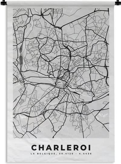 Wandkleed - Wanddoek - Stadskaart – Zwart Wit - Kaart – Charleroi – België – Plattegrond - 120x180 cm - Wandtapijt