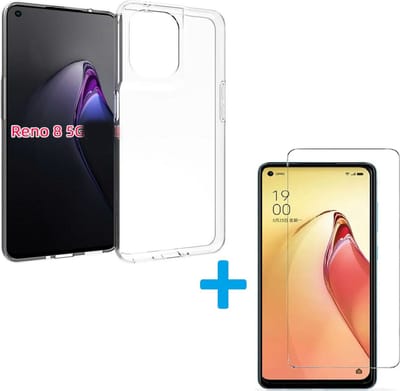 Backcover Hoesje Geschikt voor: OPPO Reno 8 Transparant TPU Silicone Soft Case + 1X Tempered Glass Screenprotector