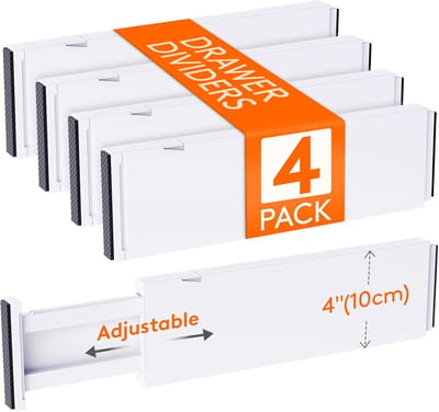 Famanu – Verstelbare kunststof ladeverdelers (4 stuks) – Uittrekbaar van 34,3 tot 55,9 cm – Voor kledingkast, keuken en badkamer