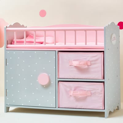 Teamson Kids Kinderbedje en Opbergkast Voor Babypoppen - Accessoires Voor Poppen - Kinderspeelgoed - Roze/Grijs/Polka Dot