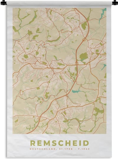 Wandkleed - Wanddoek - Stadskaart - Remscheid - vintage - Kaart - Plattegrond - 120x180 cm - Wandtapijt