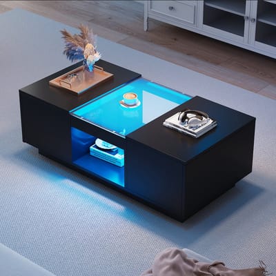 Salontafel - 100x50x35.5 cm - LED App en 2 Laden - Glasplaat en Open Vak - Glas en MDF - Zwart