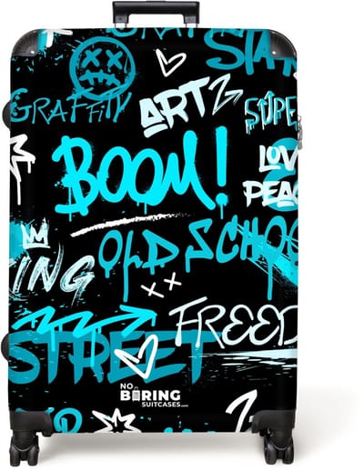 NoBoringSuitcases.com® - Koffer groot - Reiskoffer lichtgewicht - Street art kunstwerk met blauwe teksten - Rolkoffer met 4 wielen - Grote trolley XL - 98 liter bagage