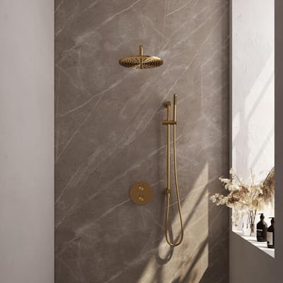 Brauer Gold Edition thermostatische inbouw regendouche 3-weg rond SET 88 met 30 cm douchekop en gebogen muurarm en staaf handdouche en doucheslang en geïntegreerde glijstang goud geborsteld PVD