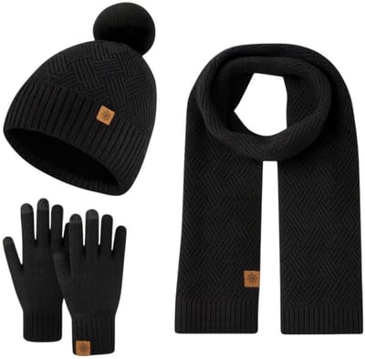 Ultiluxe® Winterset voor dames - Muts, sjaal en handschoenen - Zwart - 3-delige set - Volwassenen - Gevoerde beanie met pompom - Lange sjaal - Touchscreen handschoenen - Warme winteraccessoires voor vrouwen - Tegen kou en wind