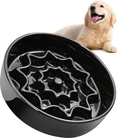 Pet Slow Feeder Ceramic Dog Bowl - Slow Eating Food Bowl for Small Medium Pets - Anxiety Relief Bowl - Black