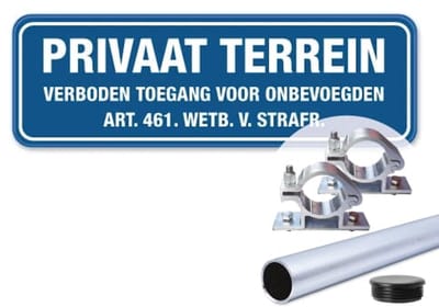 Bord Privaat terrein - Verboden toegang voor onbevoegden - blauw - Weerbestendig Aluminium - 40x15 cm - Bevestiging: Met paal 120 cm + paalbeugels + paaldop