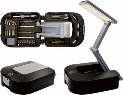 Opvouwbare LED-bureaulamp, multifunctionele doe-het-zelf gereedschapset met ingebouwde schroevendraaiers voor noodreparaties in en rondom het huis en buitenshuis.