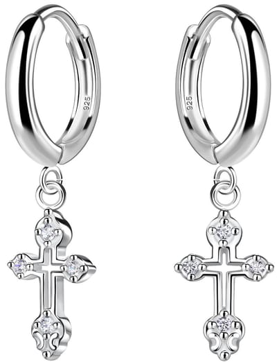 Joy|S - Zilveren oorbellen - 11 mm oorringen met kruisje bedel - klap scharnier sluiting - kruisje hanger - zirkonia - sterling zilver 925