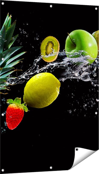 Gards Tuinposter Fruit met Water op Zwart Achtergrond - 80x120 cm - Tuindoek - Tuindecoratie - Wanddecoratie buiten - Tuinschilderij