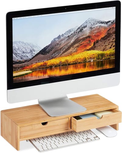 Famanu – Monitor standaard bamboe - Computerverhoging - 2 lades - ruimte voor toetsenbord - home-office of kantoor - natuur