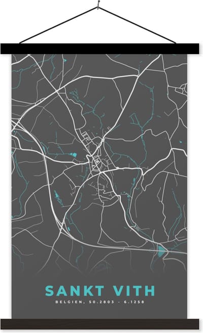 Posterhanger incl. Poster 40x60 cm - Schoolplaat - Plattegrond – Sankt Vith – Blauw – Stadskaart - Kaart - België - Textielposter - Zwarte latten - Stadskaart