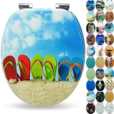 Sanfino® Toilet seat with wooden core and soft-close mechanism - high quality and many colourful motifs, comfortable seat, easy assembly including instructions - "Flip-Flop"