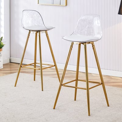 MODFU - Barkrukken Set Van 2 - Met Rugleuning En Voetensteun - Modern - Voor Keuken En Café - Metaal En Kunststof - Goud Transparant