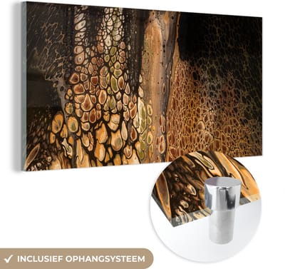 MuchoWow® Glasschilderij 40x20 cm - Schilderij acrylglas - Verf - Bruin - Pouring paint - Foto op glas - Schilderijen