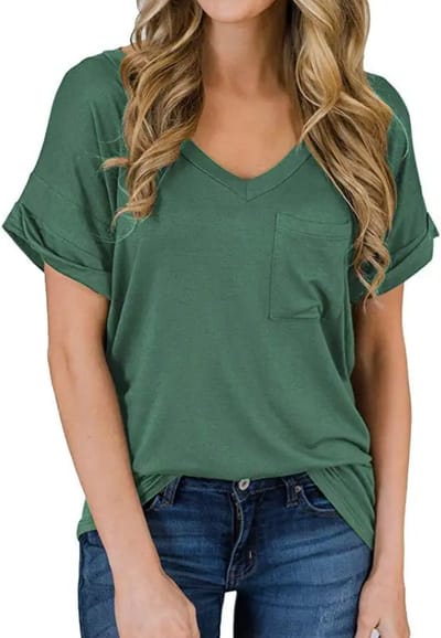 ASTRADAVI Casual Wear - Dames V-Hals T-Shirts met Borstzakje - Trendy Opgerolde Mouwen - Groen / Small