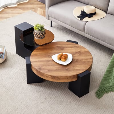 MODENUIT Salontafelset - Rond Tweelaags Ontwerp Voor Woonkamer En Slaapkamer - Glas En Houtlook Zwart - 61x30 cm