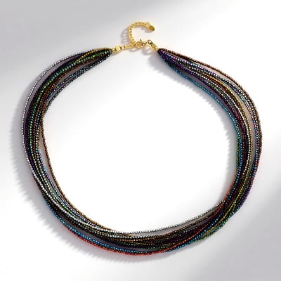 Cavill - Zilveren Halsketting - 925 Sterling Zilver Goud Verguld - Hematiet Kralen 2mm - Verstelbaar 50-55cm - Elegante Paars & Blauwe Sieraad