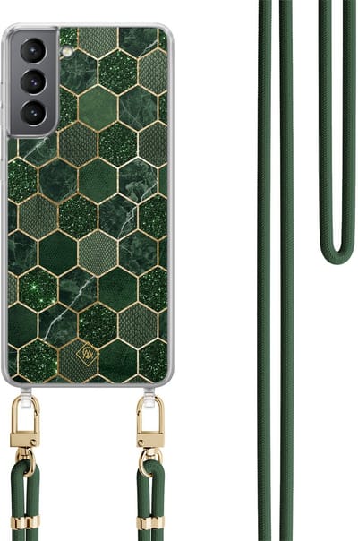 Casimoda® hoesje met groen koord - Geschikt voor Samsung S21 Plus - Kubus Groen - Afneembaar koord - TPU/polycarbonaat - Groen