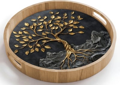 Dienblad rond 40x40 cm - Schootdienblad hout - Bladeren - Goud - Boom - Rots - Borrelplank rechthoek - Plateau houten dienbladen