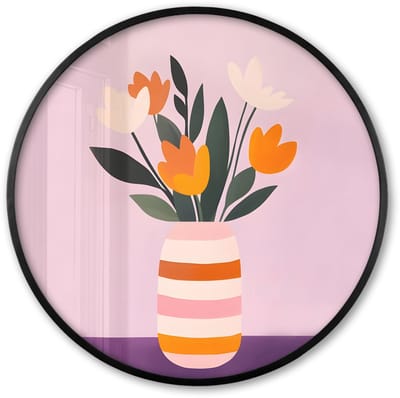 Poster in lijst Rond - Fotolijst 60x60 cm - Posters - Tulpen - Vaas - Strepen - Paars - Ronde posterlijst zwart - Decoratie - Wanddecoratie woonkamer - Muurdecoratie slaapkamer