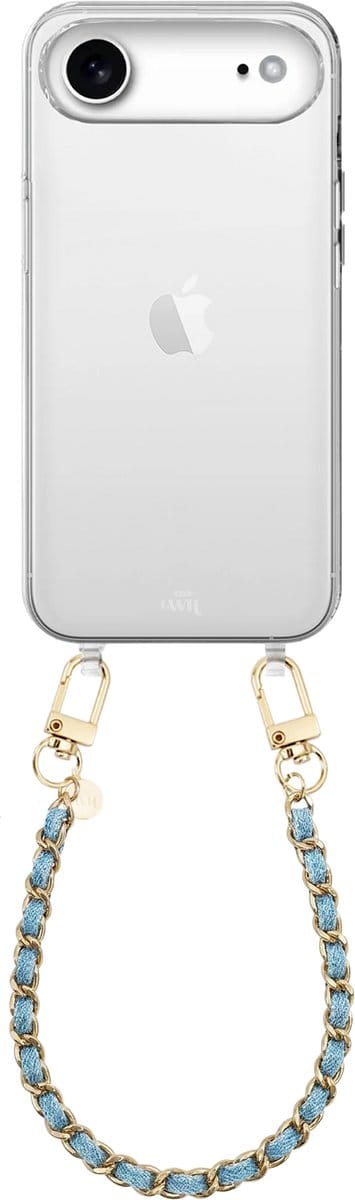 xoxo Wildhearts siliconen hoesje geschikt voor iPhone 17 Air - Classic Chain - Denim (kort koord) - Telefoonhoesje - Hoesje met koord - Schakelketting - Kort telefoonkoord - Denim blauw met goud - Transparant hoesje