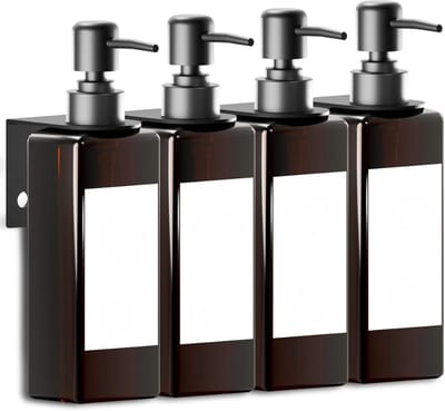Famanu – Zeepdispenser wandmontage zonder boren – set van 4 douche dispensers 500 ml – bruin – met trechter en labels