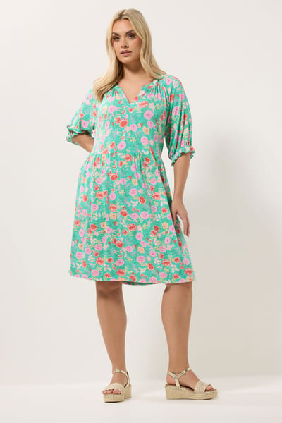 Yours Groene Jurk Met Bloemenprint En Inkeping In De Hals Size 46